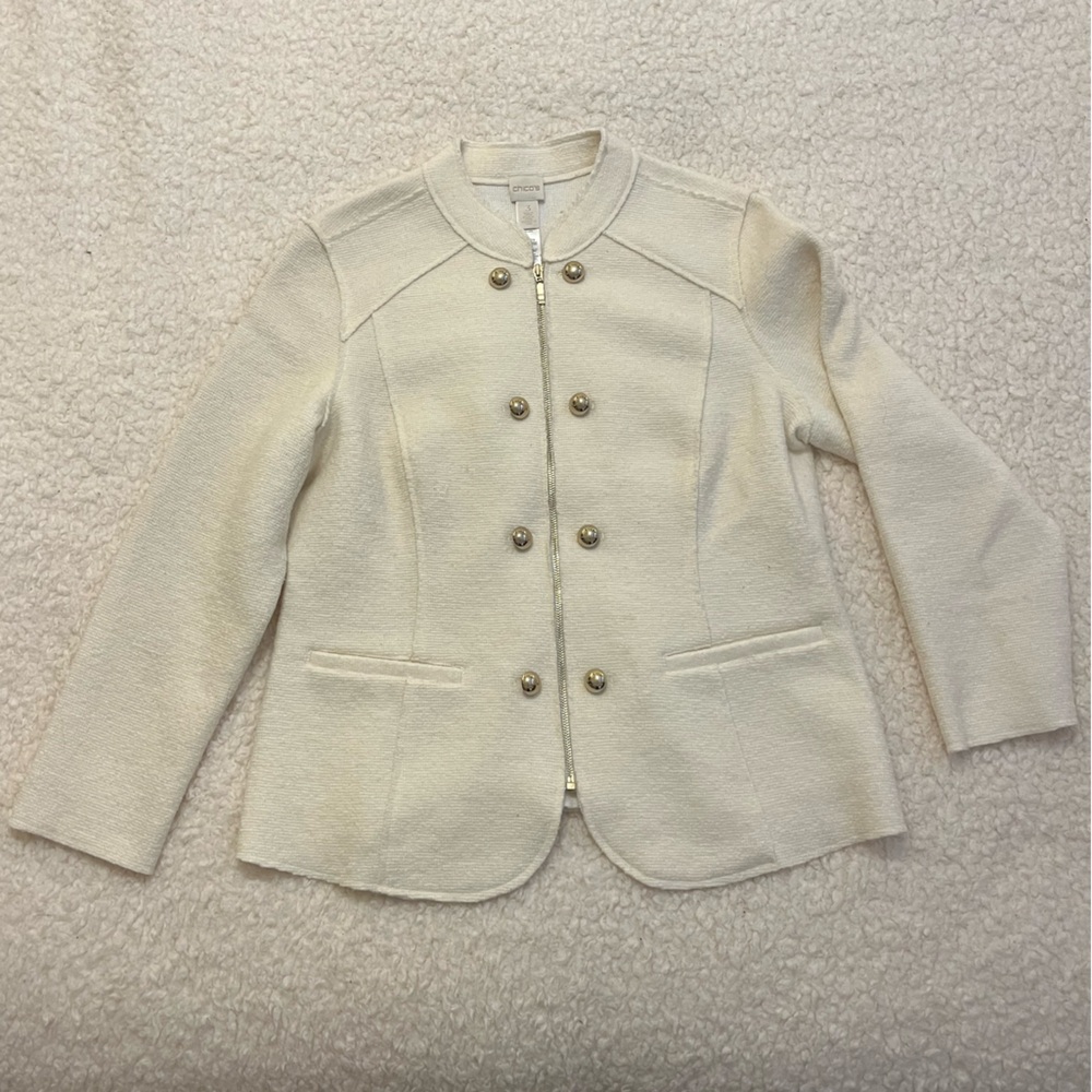 Chico's Cream Textured Jacket with Gold Accents
